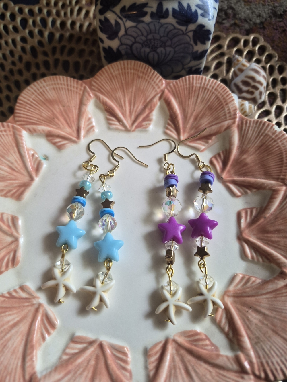 Handmade Star & Sea Charm Dangle Earrings - Blue and Purple